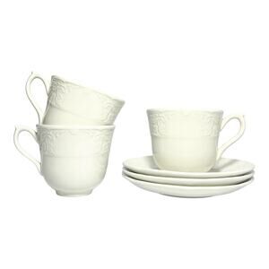 Johnson Brothers “Richmond White” 3 Ceramic Tea Cups 3” 8oz & Saucers 5 7/8”